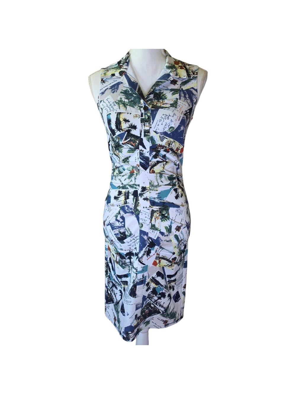Joseph Ribkoff Size 2 Womens Tropical Postcard Print Midi Dress Beach Vacation